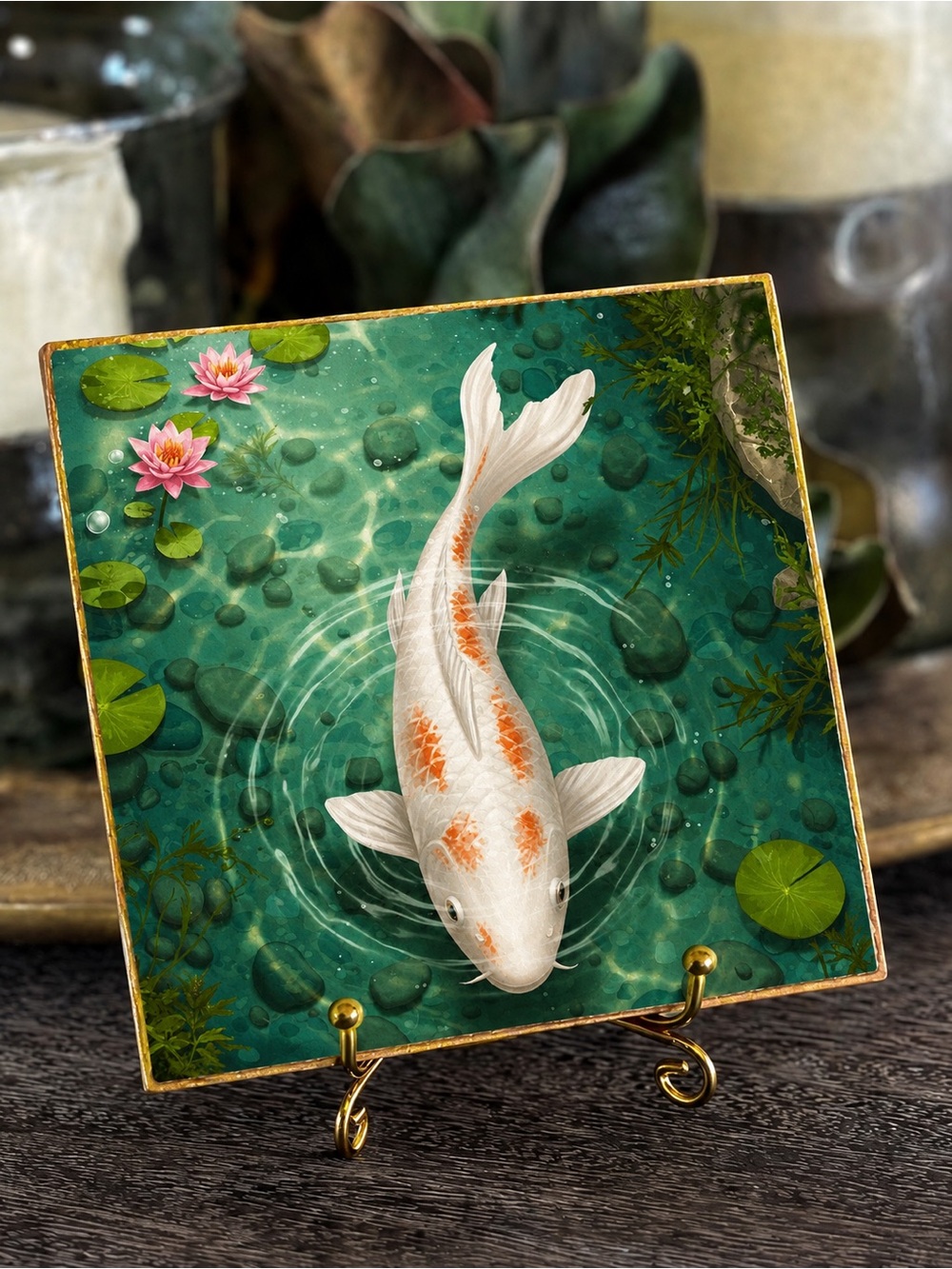 Hand Crafted Koi Fish Ceramic Coaster Green 4”